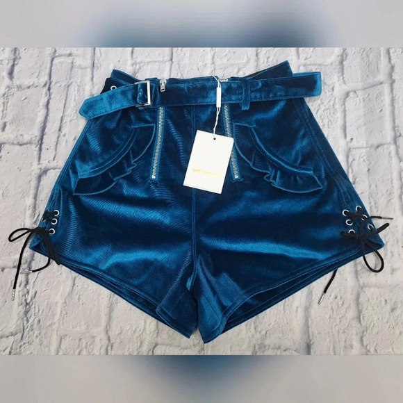 NWT  self-portrait Peacock Blue Double Zip Shorts Velvet Belt Size 2 US / 6 UK - Picture 2 of 11